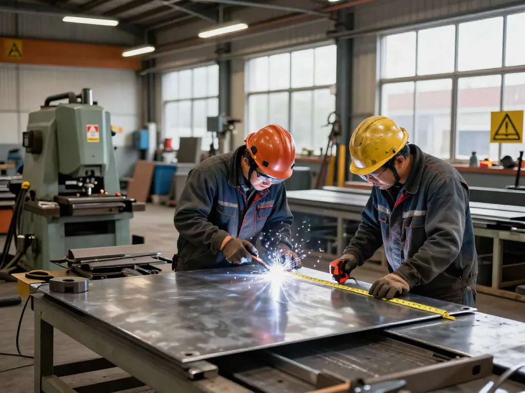 Miller Sheetmetal Inc. workers engaging in precision metalworking with industrial tools in a professional workshop.