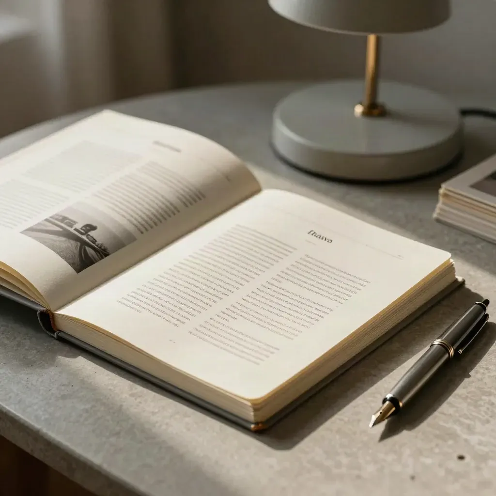 Website copy proofs, notebook, and fountain pen on stone in warm window light.