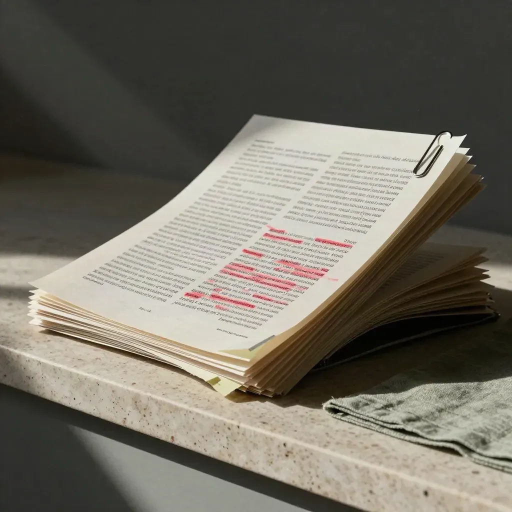 Marked manuscript pages sliding over a cleaner draft with sage tabs and a metal clip.