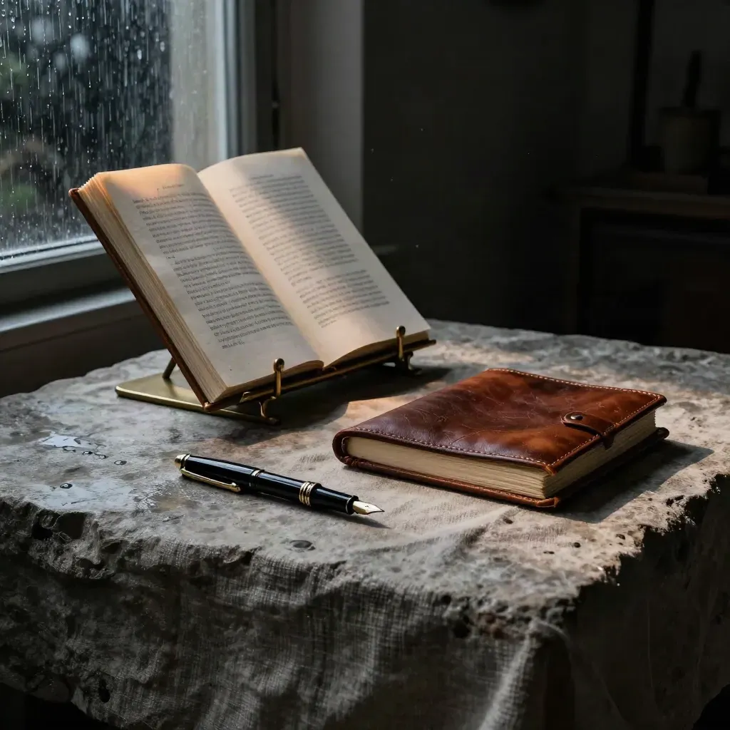 Blue-hour writer's atelier still life with pen, proofs, leather notebook and brass bookstand.