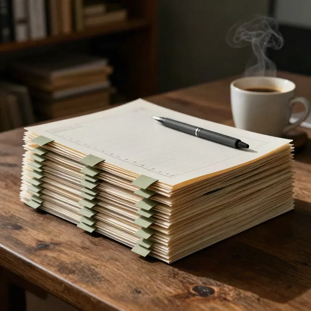 High-angle writing table with blog draft packets, sage tabs, pen, and coffee ring