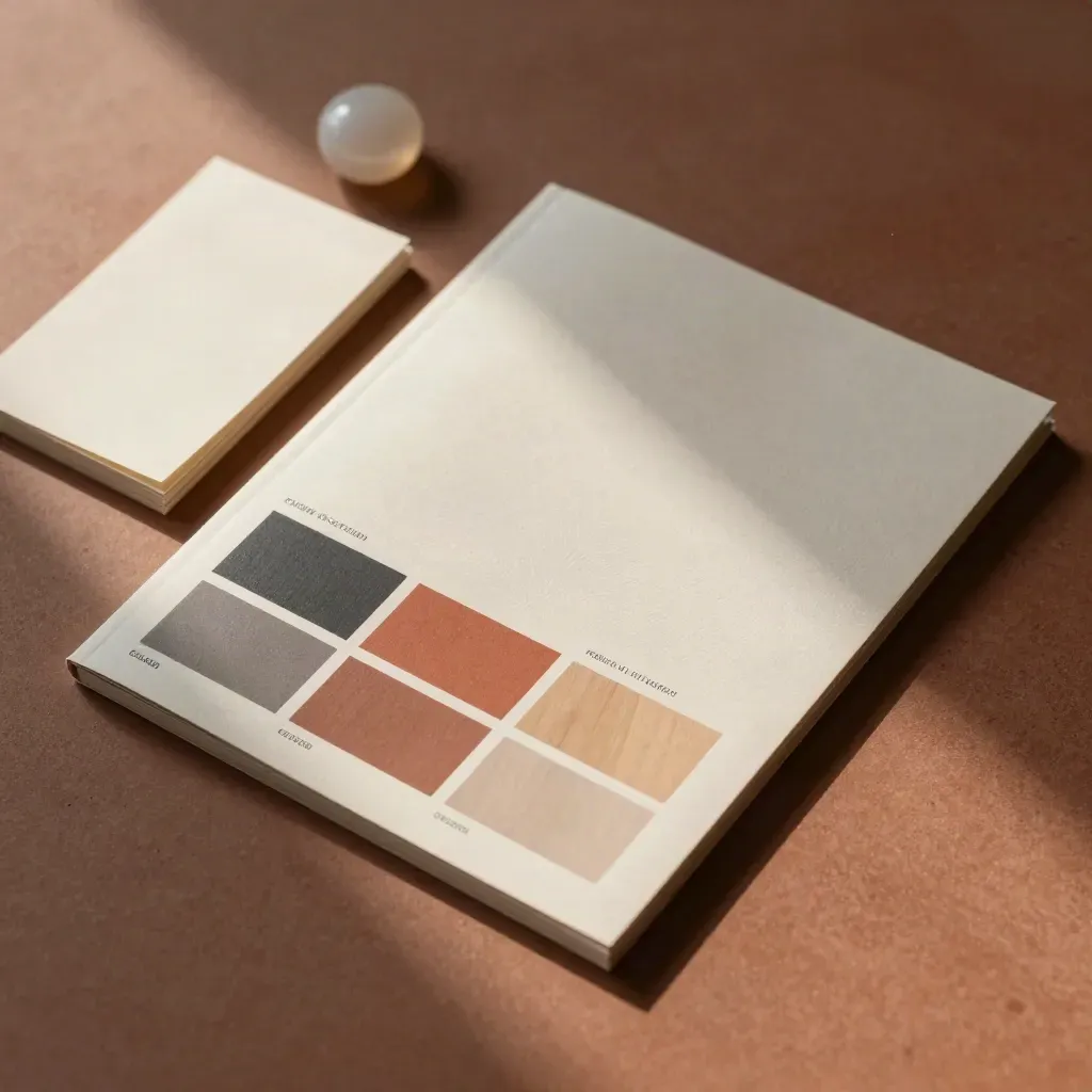 Brand voice style guide, swatches, note cards and paperweight on warm terracotta paper.
