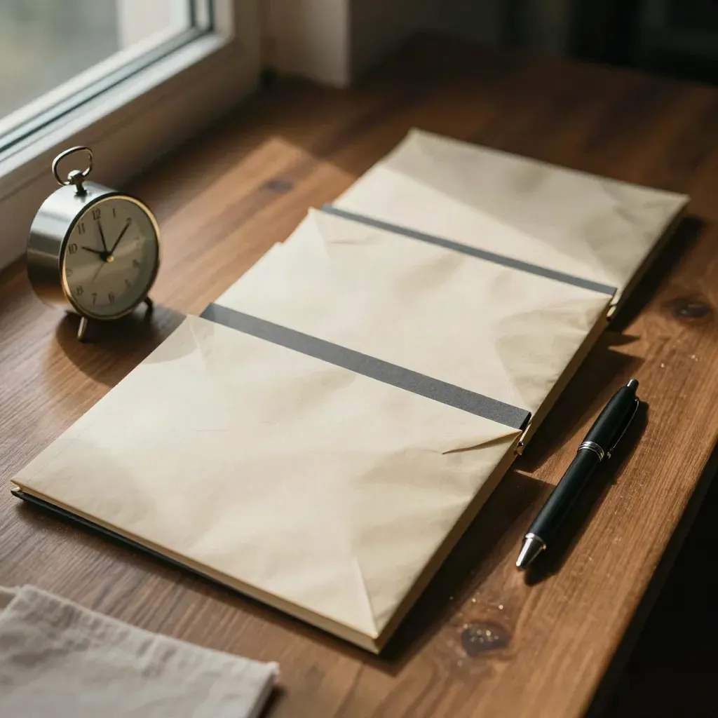 Four aligned blog draft packets, pen, and clock on a warm walnut surface in soft window light.