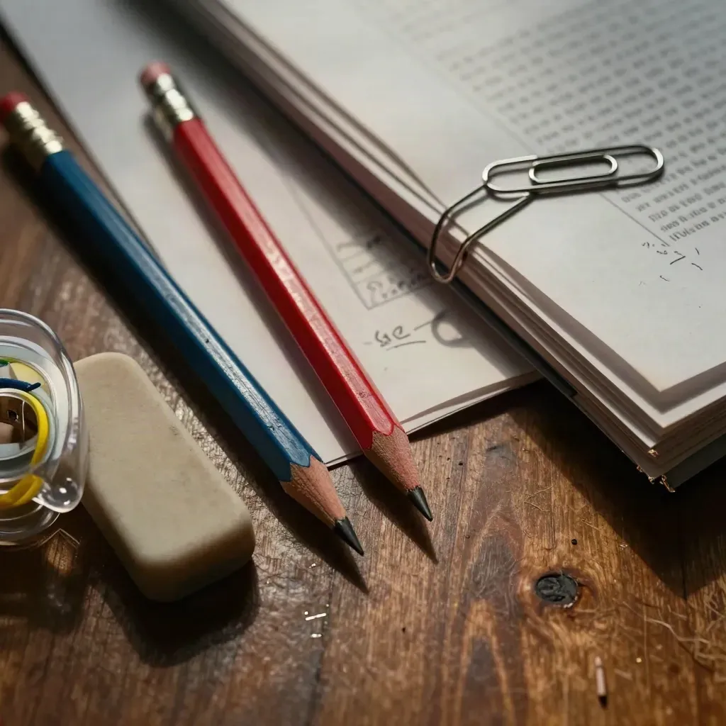 Blue and red pencils, eraser, correction tape, and proof pages on a walnut editing table.
