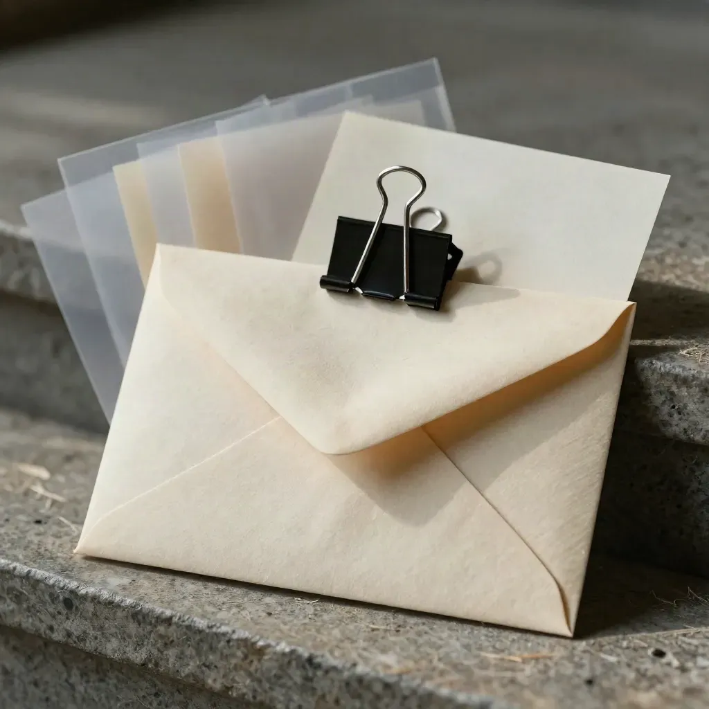 Manila manuscript envelope, binder clip, and file sleeves on a stone ledge in soft side light.