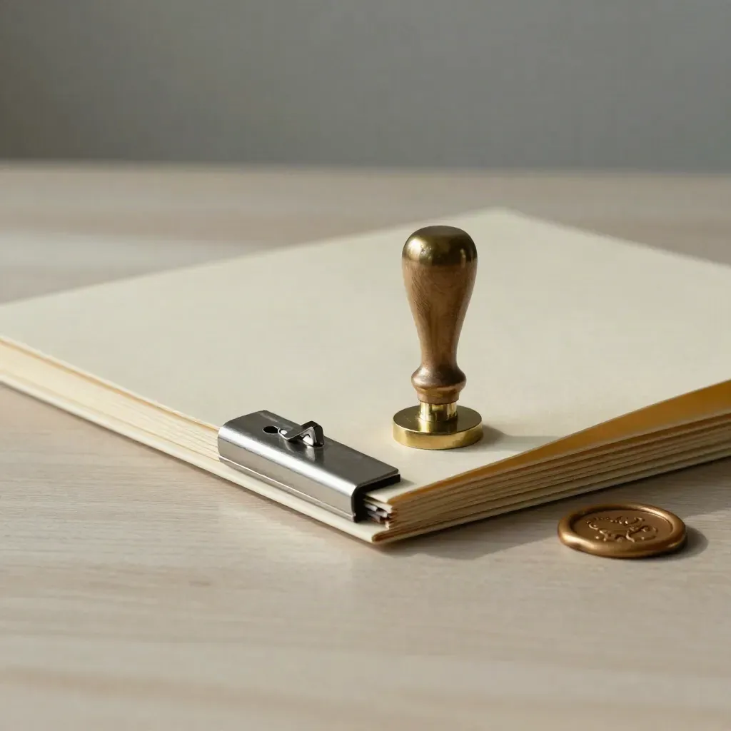 Brass stamp, wax seal, and clipped final folder on pale wood in soft side light.