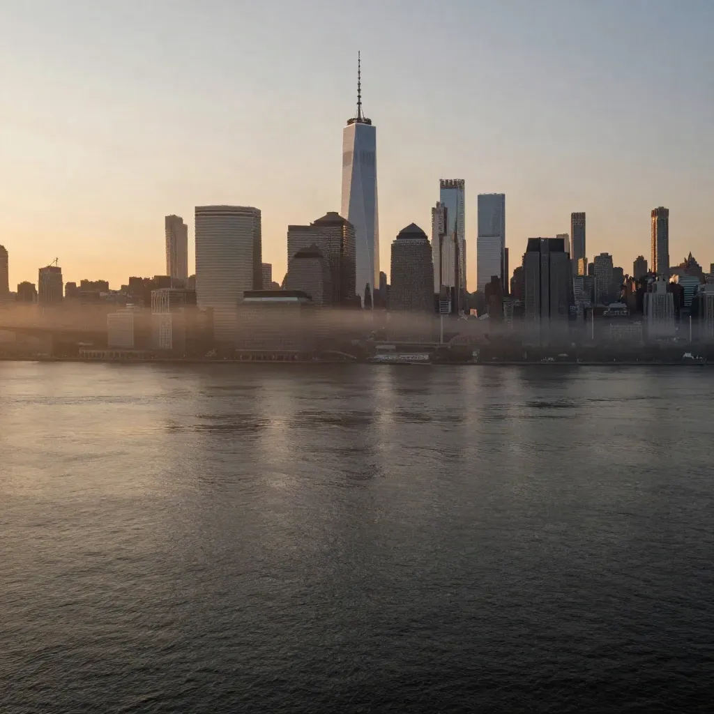 Lower Manhattan skyline over the East River at dusk, warm light, mist, calm water below.