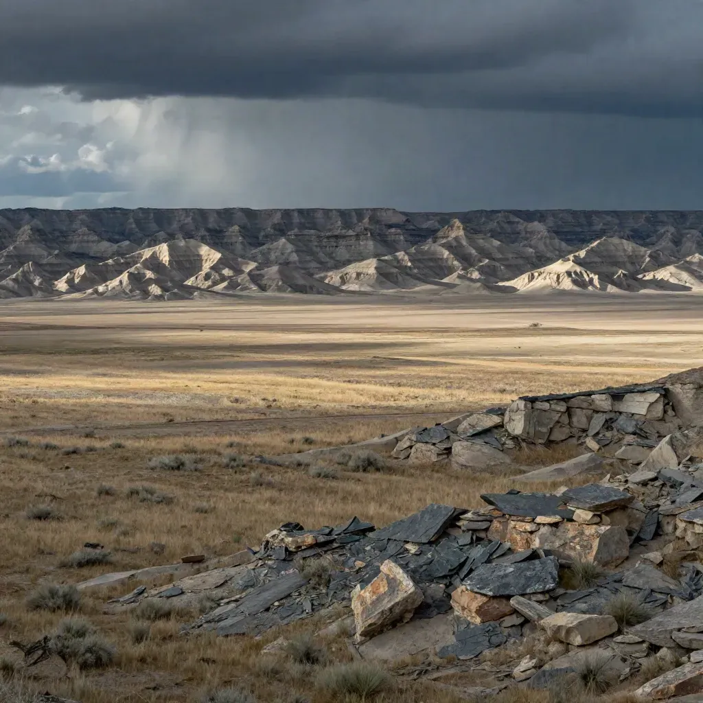 Storm-lit plains with mesas on the horizon and open grassland below.
